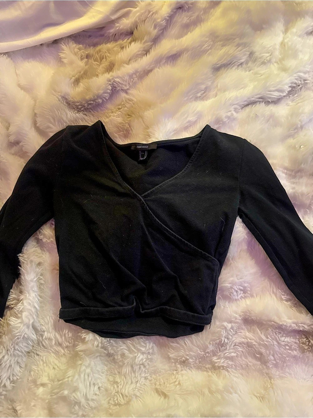 Forever 21 Surplice Crop Wrap Top Black Long Sleeve